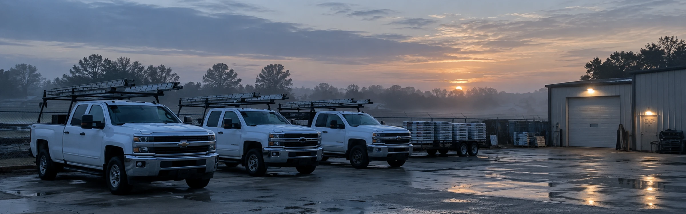 Roofing company truck yard at dawn