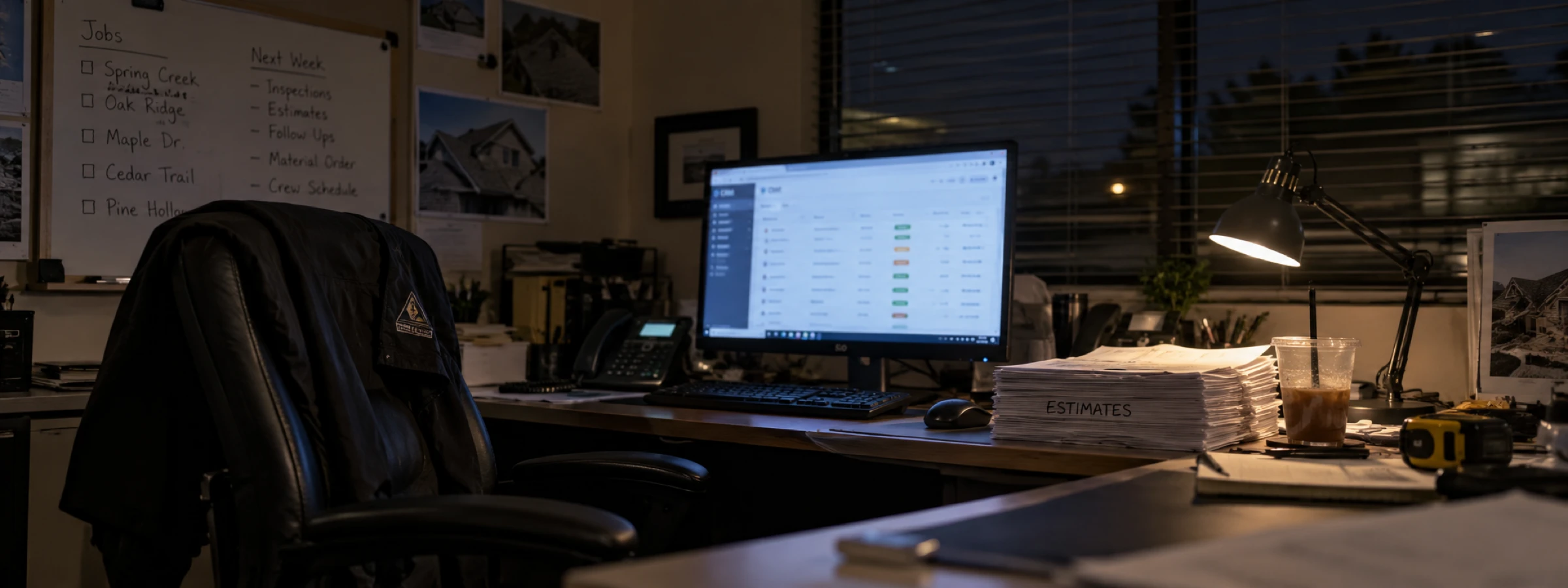 Empty roofing company office at night, CRM open on the monitor, a stack of estimates on the desk